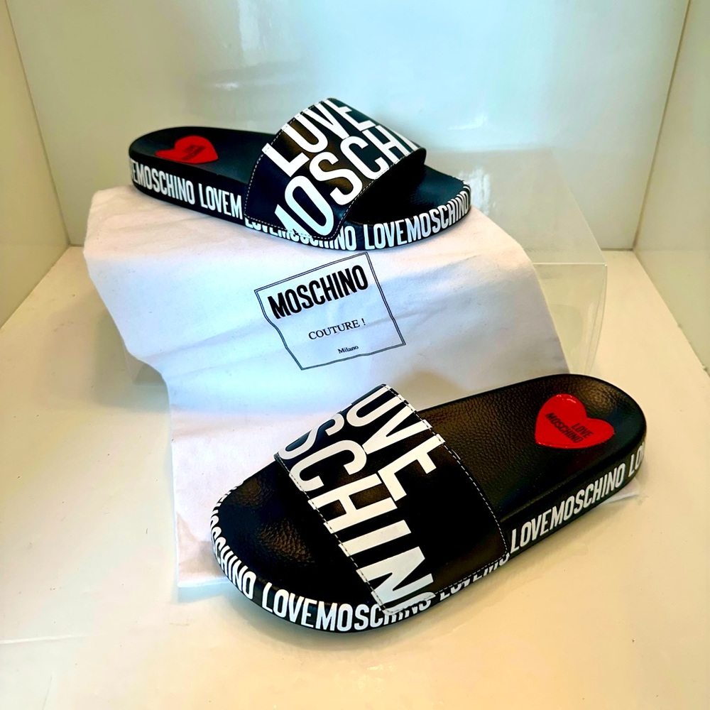 Authentic Moschino Black and White Slides with Heart Detail